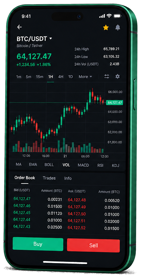 Interface mobile de trading Franolonyx — cours BTC/USDT en direct, carnet d’ordres et outils de suivi des opérations